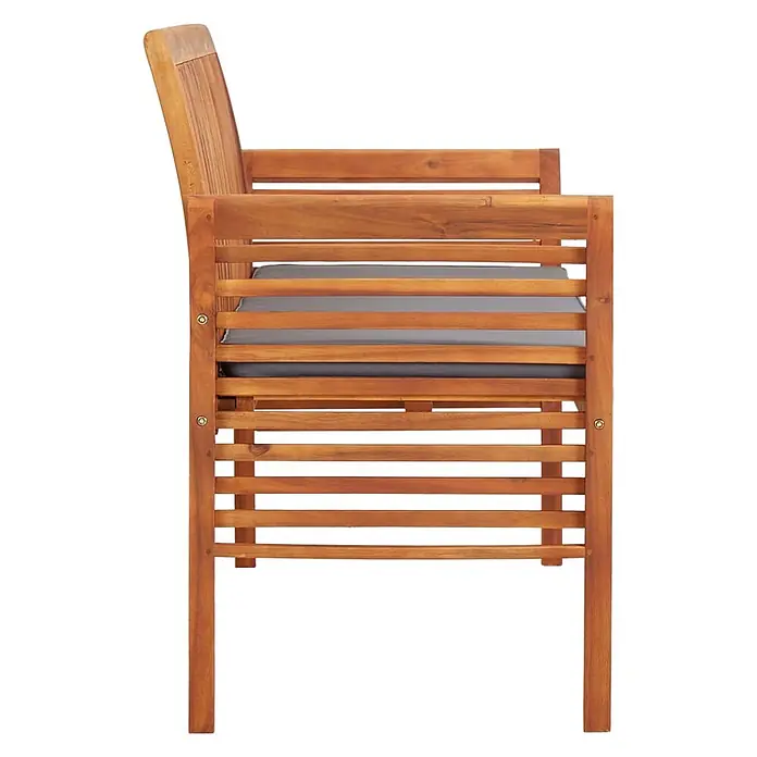 Furnicato Gartenbank Akazien-Massivholz geölt - B x T x H: 150 x 60 x 90 cm, Dunkelgrau - Brauner Gartenstuhl aus Holz mit Armlehnen und grauem Sitzkissen.