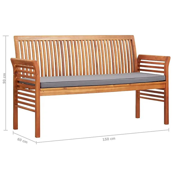Furnicato Gartenbank Akazien-Massivholz geölt - B x T x H: 150 x 60 x 90 cm, Dunkelgrau - Braune Holzgartenbank mit Lamellenrückenlehne und Armlehnen, ausgestattet mit einem grauen Sitzkissen.