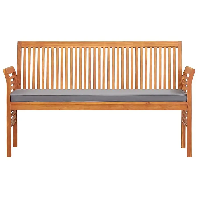 Furnicato Gartenbank Akazien-Massivholz geölt - B x T x H: 150 x 60 x 90 cm, Dunkelgrau - Hellbraune Holzgartenbank mit Lattenrückenlehne und Armlehnen, belegt mit einem grauen Kissen.