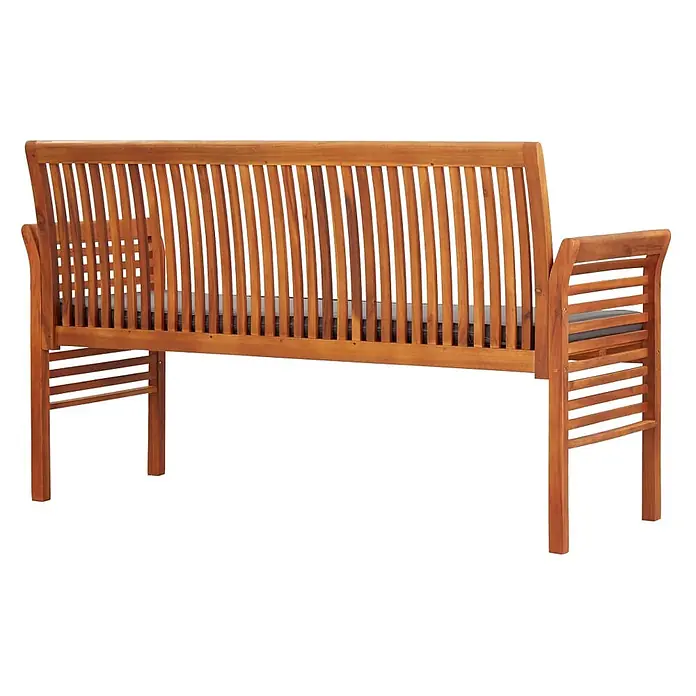 Furnicato Gartenbank Akazien-Massivholz geölt - B x T x H: 150 x 60 x 90 cm, Dunkelgrau - Braune Holzgartenbank mit Lamellenrückenlehne, Armlehnen und einem grauen Sitzkissen.