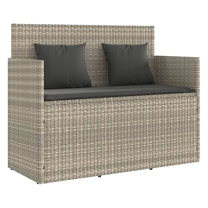 Furnicato Gartenbank - B x T x H: 110 x 50 x 90,5 cm, Hellgrau - Beige geflochtene Rattan-Zweisitzer-Aufbewahrungsbank mit dunkelgrauen Kissen.
