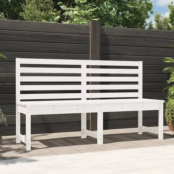 Furnicato Gartenbank Kiefer-Massivholz - B x T x H: 48 x 157,5 x 91,5 cm, Weiße Kiefer - Weiße Holz-Gartenbank mit Lamellenlehne für zwei Personen, im Außenbereich.