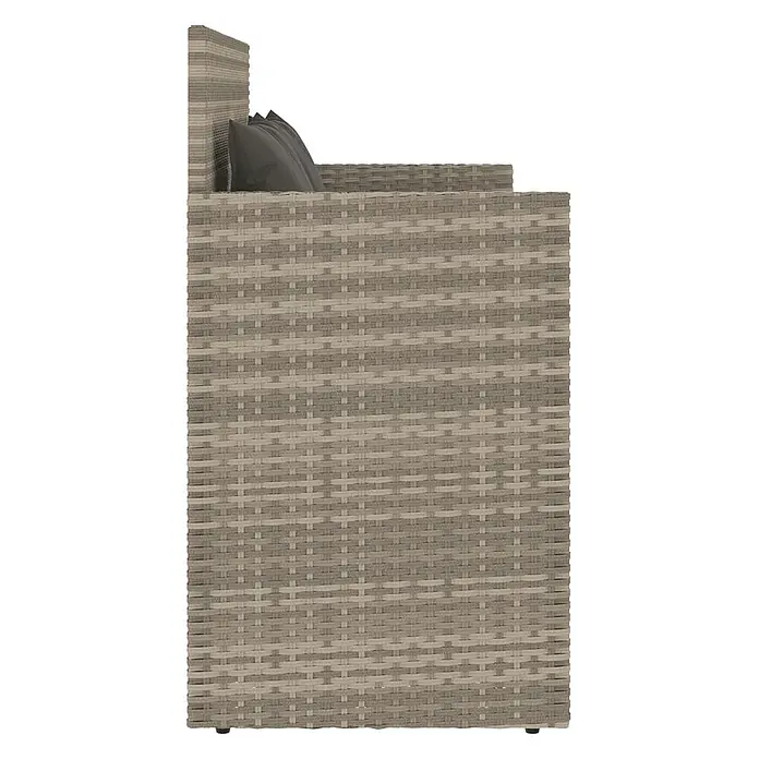 Furnicato Gartenbank - B x T x H: 110 x 50 x 90,5 cm, Hellgrau - Graues Rattan-Gartenssofa mit dunklen Kissen, seitliche Ansicht.