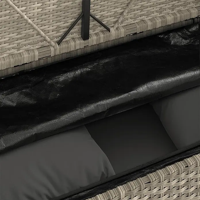 Furnicato Gartenbank - B x T x H: 110 x 50 x 90,5 cm, Hellgrau - Offene Korbstaubox mit schwarzer wasserdichter Auskleidung, die graue Kissen schützt.
