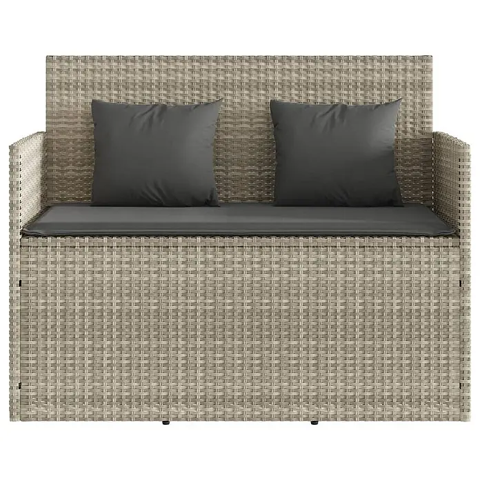 Furnicato Gartenbank - B x T x H: 110 x 50 x 90,5 cm, Hellgrau - Hellegraue Outdoor-Aufbewahrungsbank aus Polyrattan mit dunkelgrauen Kissen.