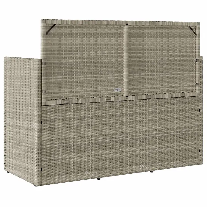 Furnicato Gartenbank - B x T x H: 110 x 50 x 90,5 cm, Hellgrau - Hellgraue Polyrattan-Klimaanlagenabdeckung/Aufbewahrungsbox mit teiloffenem Deckel, der ihre verdeckte Funktion zeigt.