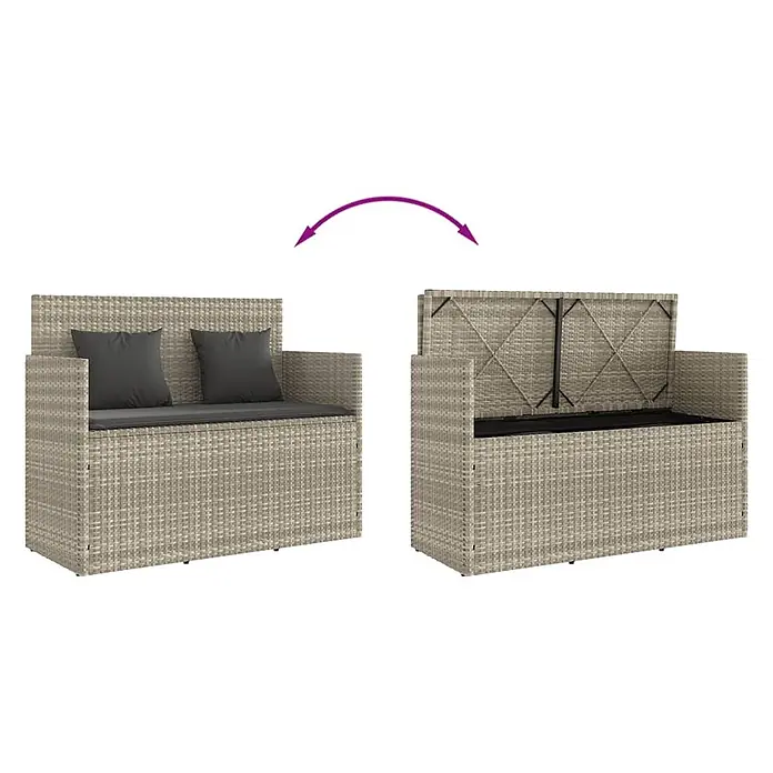 Furnicato Gartenbank - B x T x H: 110 x 50 x 90,5 cm, Hellgrau - Hellgraue Rattan-Sitzbank mit dunklen Kissen, geschlossen als Sitzbank und geöffnet für Stauraum gezeigt.
