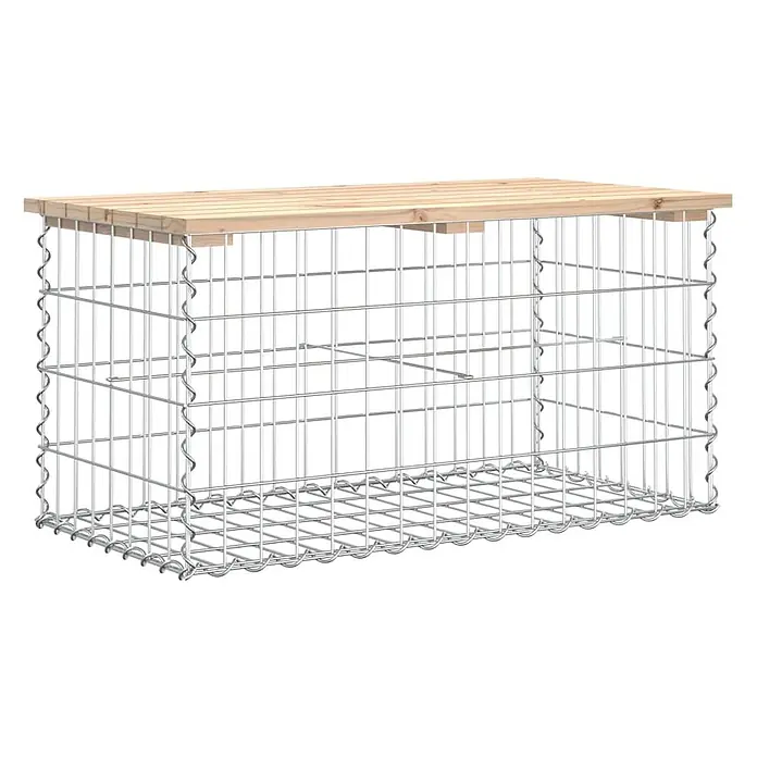 Furnicato Gartenbank - B x T x H: 44 x 83 x 42 cm, Natürliche Kiefer - Gabionenkorb aus silbernem Drahtgeflecht mit heller Holzplatte.