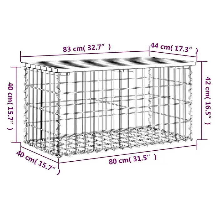 Furnicato Gartenbank - B x T x H: 44 x 83 x 42 cm, Natürliche Kiefer - Rechteckiger Drahtgabion mit Holzplatte, ca. 83x44x42 cm.