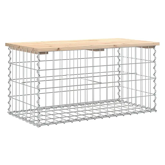 Furnicato Gartenbank - B x T x H: 44 x 83 x 42 cm, Natürliche Kiefer - Rechteckige Gabionenbank mit einer natürlichen Holzplatte und einem silbernen Drahtgeflecht-Unterbau.