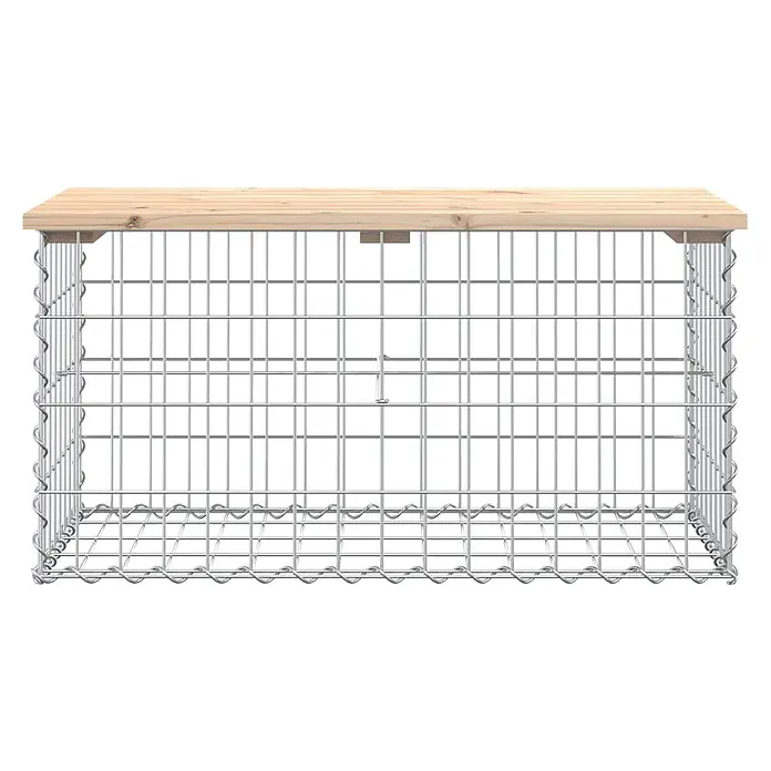 Furnicato Gartenbank - B x T x H: 44 x 83 x 42 cm, Natürliche Kiefer - Gabionen-Bank-/Tischgestell aus silbernem Drahtgeflecht mit heller Holzplatte.