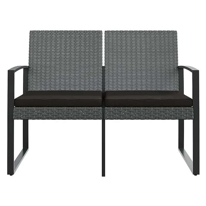 Furnicato Gartenbank PP-Rattan Anthrazit - B x T x H: 103,5 x 57 x 77,5 cm, Dunkelgrau - Graue Zweisitzer-Gartenbank mit geflochtenen Details, schwarzen Kissen und einem dunklen Metallrahmen.