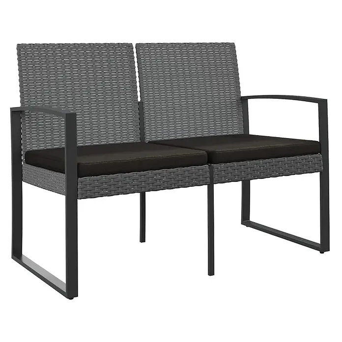 Furnicato Gartenbank PP-Rattan Anthrazit - B x T x H: 103,5 x 57 x 77,5 cm, Dunkelgrau - Zweisitzer Gartenbank aus grauem Polyrattan mit schwarzem Metallrahmen und dunklen Kissen.