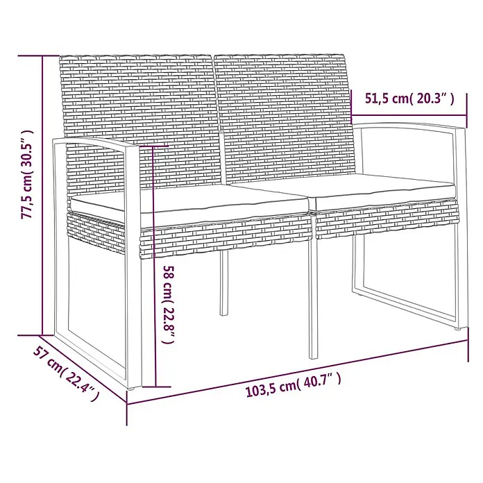 Furnicato Gartenbank PP-Rattan Anthrazit - B x T x H: 103,5 x 57 x 77,5 cm, Dunkelgrau - Zweisitzer Gartensofa aus Polyrattan mit Metallgestell und Kissen.