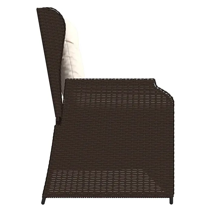 Furnicato Gartenbank Poly-Rattan - B x T x H: 108 x 110 x 95 cm, Braun und Cremeweiß - Dunkelbraune geflochtene Outdoor-Sessel-Seite mit cremefarbenem Kissen.