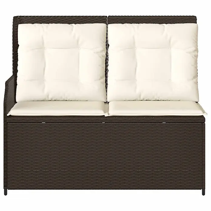 Furnicato Gartenbank Poly-Rattan - B x T x H: 108 x 110 x 95 cm, Braun und Cremeweiß - Dunkelbraune Rattan-Gartenbank für zwei Personen mit cremefarbenen Kissen und Stauraum.