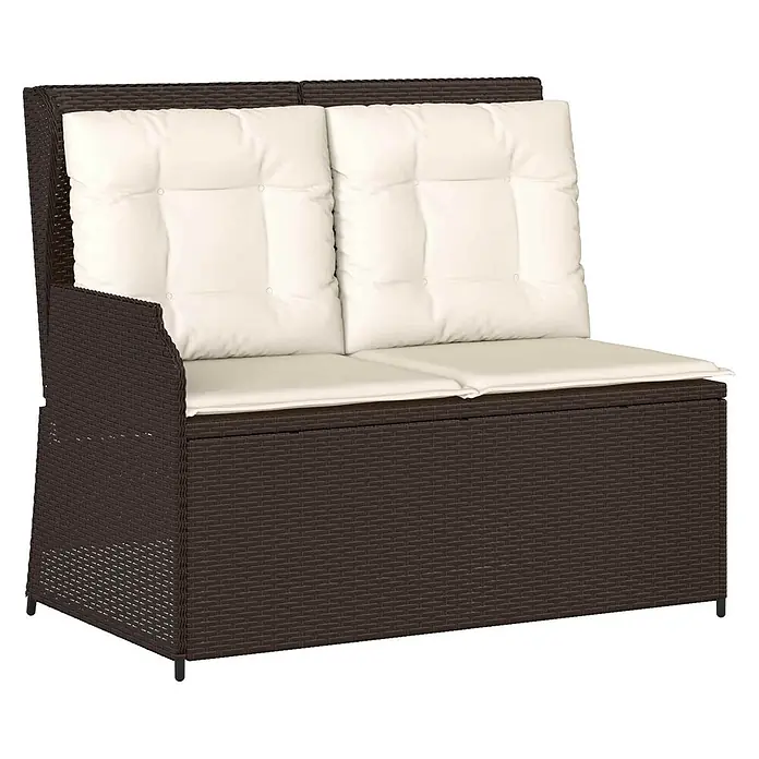 Furnicato Gartenbank Poly-Rattan - B x T x H: 108 x 110 x 95 cm, Braun und Cremeweiß - Braunes Rattan-ähnliches 2-Sitzer Gartensofa mit cremefarbenen Kissen und integriertem Stauraum.