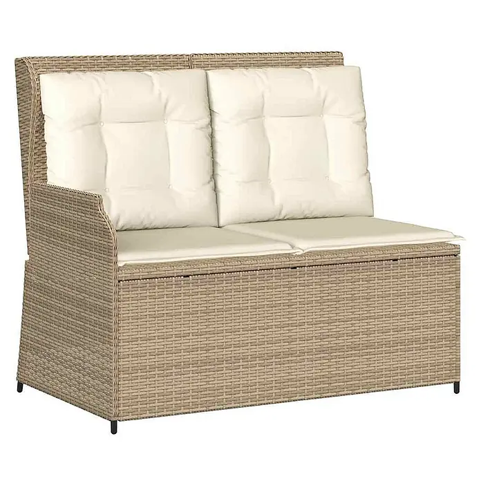 Furnicato Gartenbank - B x T x H: 95 x 110 x 95 cm, Beige und Creme - Beige Rattan-Look 2-Sitzer Gartenbank mit Stauraum und cremefarbenen Kissen.