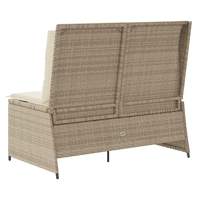 Furnicato Gartenbank - B x T x H: 95 x 110 x 95 cm, Beige und Creme - Rück- und Seitenansicht eines beigen Rattan-Zweisitzer-Gartensofas mit cremefarbenen Kissen.
