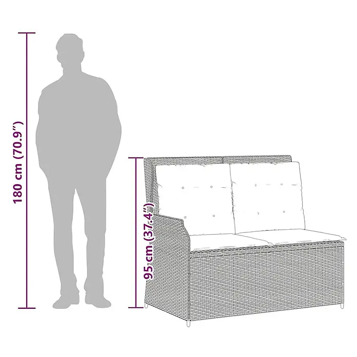 Furnicato Gartenbank - B x T x H: 95 x 110 x 95 cm, Hellgrau - Outdoor-2-Sitzer aus Rattan mit Kissen, 95 cm hoch, daneben eine 180 cm große Person als Größenvergleich.