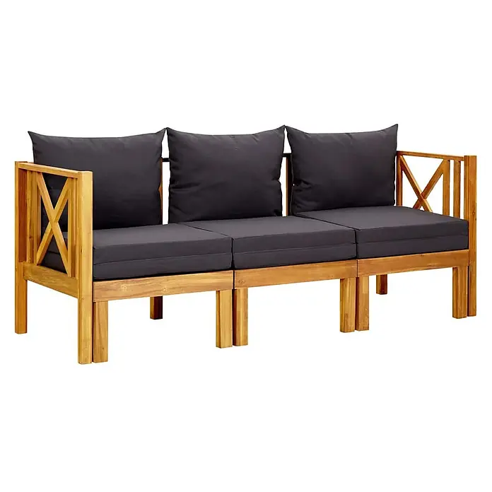 Furnicato Gartenbank Akazienholz geölt - B x T x H: 179 x 118 x 68,5 cm, Dunkelgrau - Dreisitziges Gartensofa aus Holz mit dunkelgrauen Kissen.