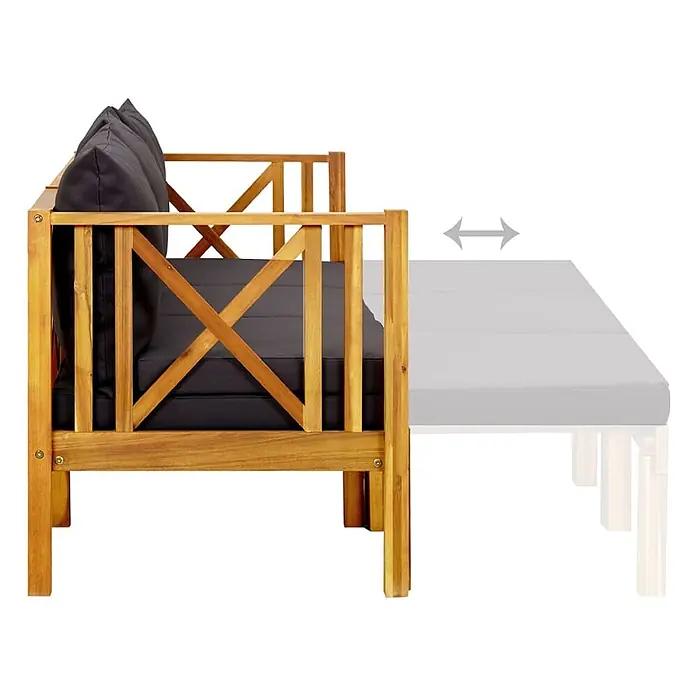 Furnicato Gartenbank Akazienholz geölt - B x T x H: 179 x 118 x 68,5 cm, Dunkelgrau - Ausziehbares Holz-Tagesbett mit schwarzen Kissen und ausziehbarer Erweiterung.