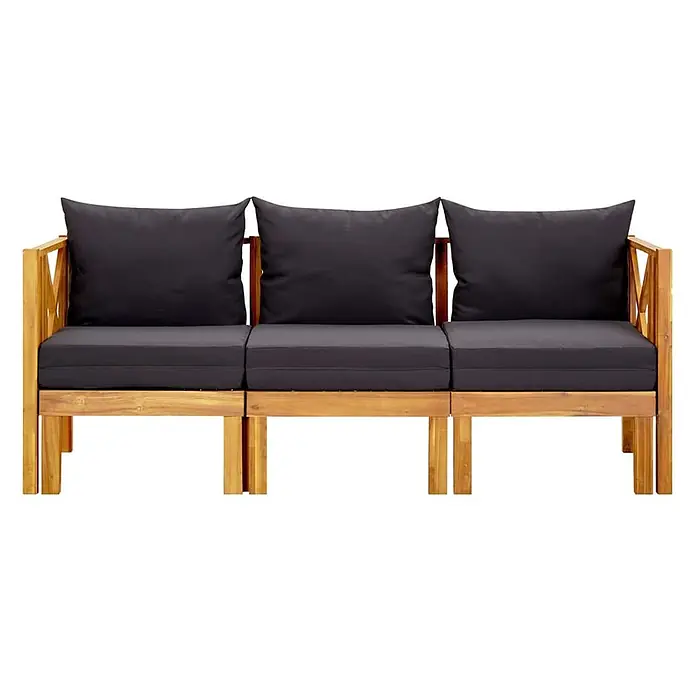 Furnicato Gartenbank Akazienholz geölt - B x T x H: 179 x 118 x 68,5 cm, Dunkelgrau - Dreisitzer-Gartensofa aus Holz mit dunkelgrauen Kissen.
