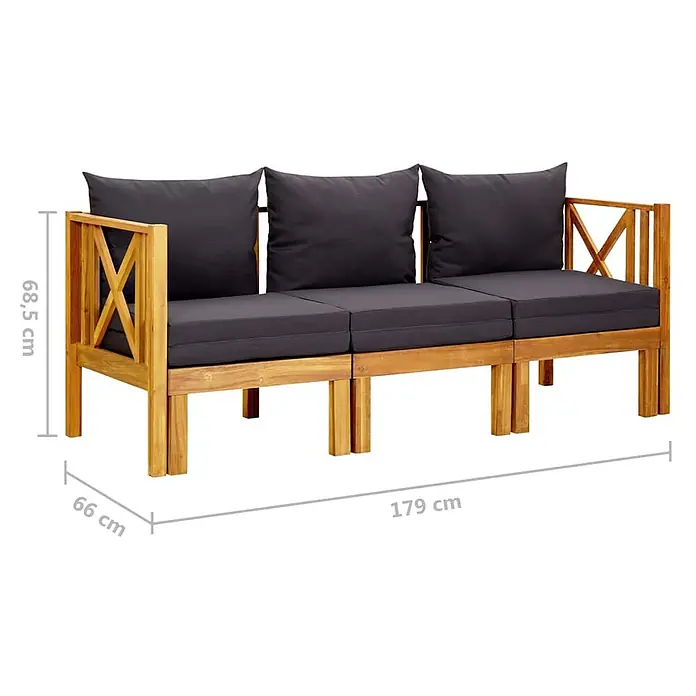 Furnicato Gartenbank Akazienholz geölt - B x T x H: 179 x 118 x 68,5 cm, Dunkelgrau - Hölzernes 3-Sitzer Gartensofa mit Naturholzrahmen und dunkelgrauen Kissen. Maße: 179x66x68,5 cm.
