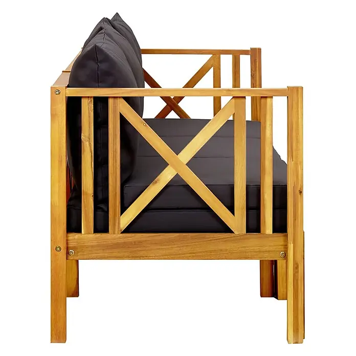 Furnicato Gartenbank Akazienholz geölt - B x T x H: 179 x 118 x 68,5 cm, Dunkelgrau - Hölzernes Outdoor-Sofa mit schwarzen Kissen, von der Seite gesehen.