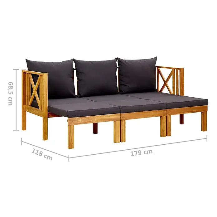 Furnicato Gartenbank Akazienholz geölt - B x T x H: 179 x 118 x 68,5 cm, Dunkelgrau - Dreisitziges Holz-Loungesofa für den Außenbereich mit dunkelgrauen Kissen.