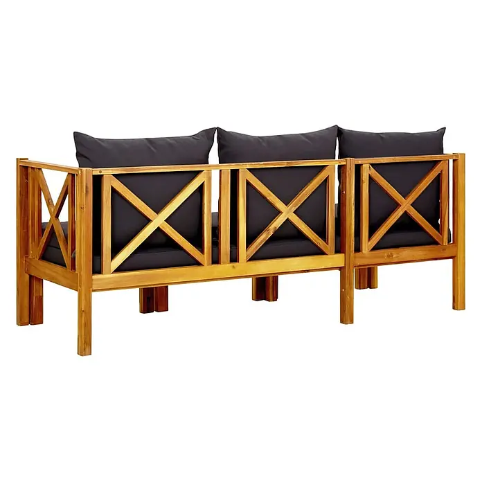 Furnicato Gartenbank Akazienholz geölt - B x T x H: 179 x 118 x 68,5 cm, Dunkelgrau - Holz-Gartensofa mit dunkelgrauen Kissen und X-förmigen Rückenlehnen.