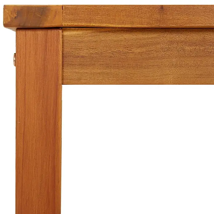 Furnicato Gartenbank Akazien-Massivholz geölt - B x T x H: 35 x 110 x 45 cm, Braun - Eckdetail eines goldbraunen Tisches oder einer Bank aus Holz mit stabiler Verbindung und Holzmaserung.