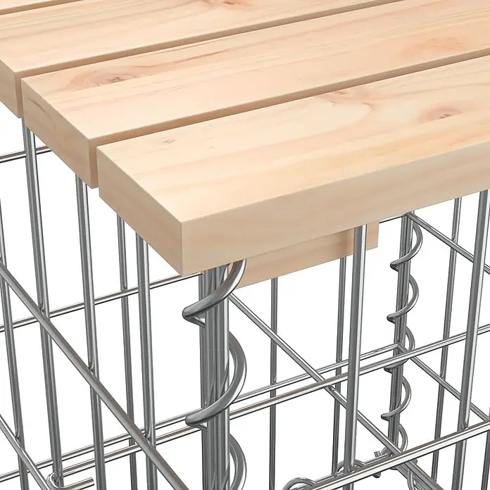 Furnicato Gartenbank Kiefernholz - B x T x H: 183 x 41 x 60,5 cm, Natürliche Kiefer - Gabionenelemente aus Metallgeflecht mit hellen Holzplanken und Spiralverbindern obenauf.