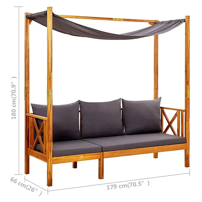 Furnicato Gartenbank Akazienholz geölt - B x T x H: 66 x 179 x 180 cm, Dunkelgrau - Holzgartenliege mit grauen Kissen und grauem Stoffdach für Entspannung im Freien.