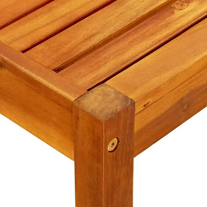 Furnicato Gartenbank Akazienholz geölt - B x T x H: 66 x 179 x 180 cm, Dunkelgrau - Ecke eines Möbelstücks aus Holzlatten, mit stabilem Bein und Schraube. Warmbraunes Holz.