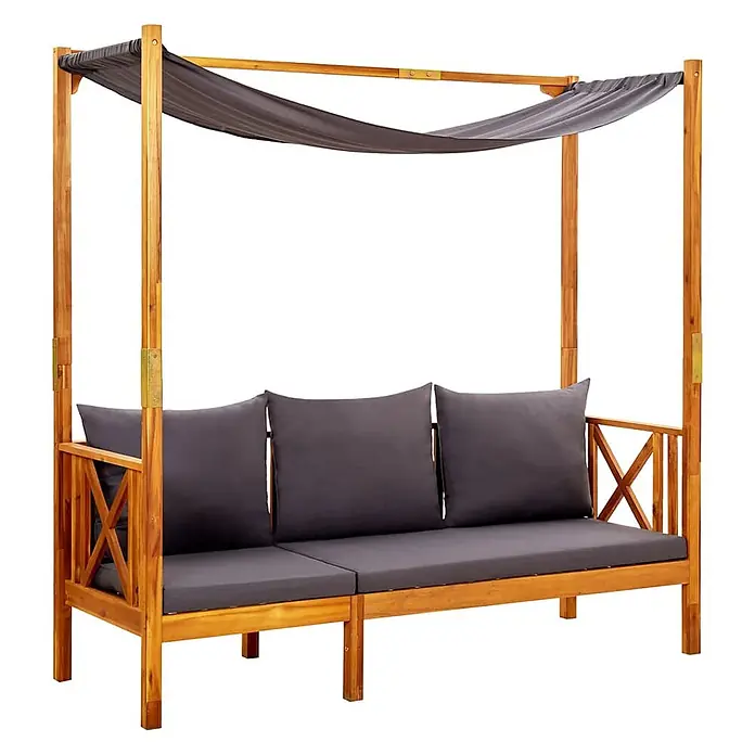 Furnicato Gartenbank Akazienholz geölt - B x T x H: 179 x 66 x 180 cm, Dunkelgrau - Holz-Tagesbett mit Baldachin, dunkelgrauen Kissen und Stoffdach.