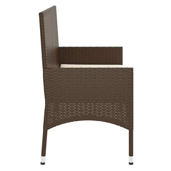 Furnicato Gartenbank PE-Rattan - B x T x H: 90 x 51 x 85 cm, Braun - Brauner Rattan-Terrassenstuhl mit Armlehnen und beigem Kissen, von der Seite.
