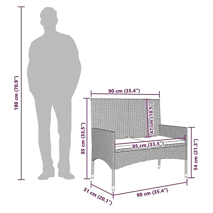 Furnicato Gartenbank PE-Rattan - B x T x H: 90 x 51 x 85 cm, Braun - Dunkle Rattan Gartenbank mit hellen Kissen, Maßen und menschlicher Silhouette zum Größenvergleich.