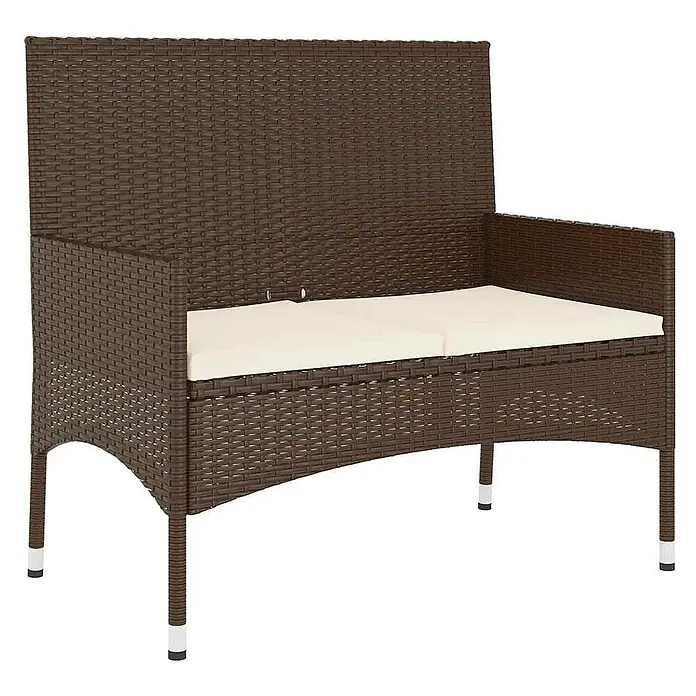 Furnicato Gartenbank PE-Rattan - B x T x H: 90 x 51 x 85 cm, Braun - Braune Rattan-Gartenbank mit Armlehnen und hoher Rückenlehne, ausgestattet mit zwei hellbeigen Sitzkissen.