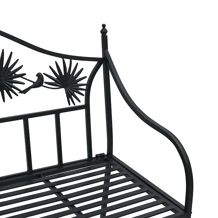 Furnicato Gartenbank Stahl - B x T x H: 52,5 x 104 x 89 cm, Schwarz - Nahaufnahme einer schwarzen Gartenbank aus Metall mit dekorativen Palmblatt- und Vogelmotiven an der Rückenlehne und einer Lattenrost-Sitzfläche.
