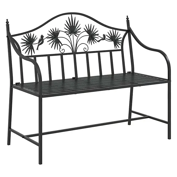 Furnicato Gartenbank Stahl - B x T x H: 52,5 x 104 x 89 cm, Schwarz - Schwarzmetall-Gartenbank mit dekorativer Rückenlehne, Palmenblatt- und Vogelmotiven und Lattenrostsitz.
