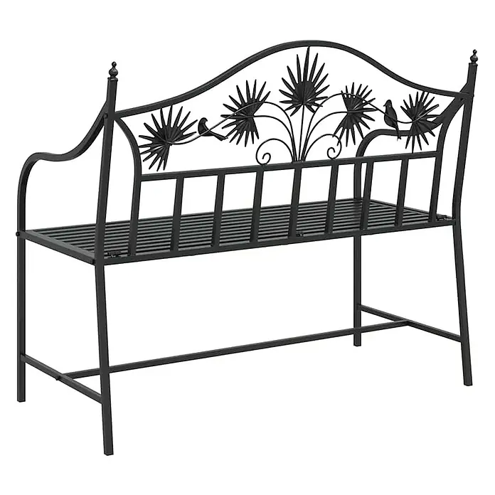 Furnicato Gartenbank Stahl - B x T x H: 52,5 x 104 x 89 cm, Schwarz - Schwarze Metall-Gartenbank mit dekorativer Rückenlehne, die fächerförmige Blätter und Vögel zeigt, einer Lattenrost-Sitzfläche und Armlehnen.