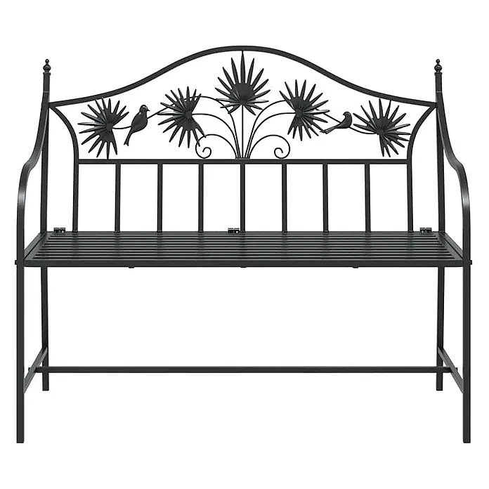 Furnicato Gartenbank Stahl - B x T x H: 52,5 x 104 x 89 cm, Schwarz - Schwarze Gartenbank aus Metall mit dekorativer Rückenlehne, die Palmenblatt- und Vogelmotive zeigt.