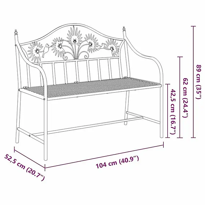 Furnicato Gartenbank Stahl - B x T x H: 52,5 x 104 x 89 cm, Schwarz - Metall-Gartenbank mit dekorativer Rückenlehne mit Blumen und Vögeln und einer Lattenrostsitzfläche.
