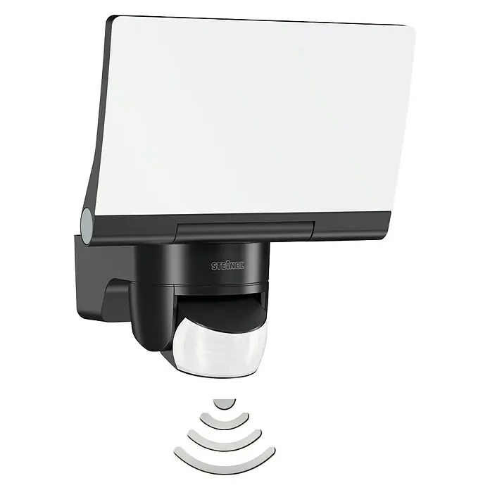 Steinel LED-Sensor-Strahler XLED home 2 S schwarz - 13,7 W, L x B x H: 161 x 180 x 218 mm, Schwarz, IP44 - Bild einer schwarzen Steinel-Außenleuchte mit Bewegungsmelder, die eine effiziente Beleuchtung und erhöhte Sicherheit bietet.