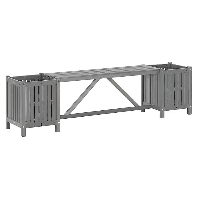 Furnicato Gartenbank Akazien-Massivholz - B x T x H: 150 x 30 x 40 cm, Grau - Graue Gartenbank aus Holz mit Lattenrostsitz und zwei integrierten rechteckigen Pflanzkästen an jedem Ende.