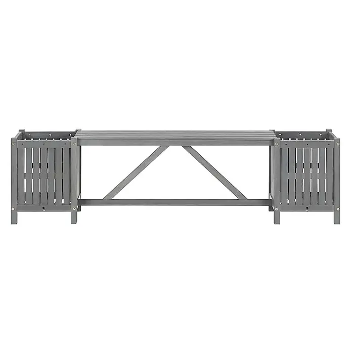 Furnicato Gartenbank Akazien-Massivholz - B x T x H: 150 x 30 x 40 cm, Grau - Graue Holzgartenbank mit integrierten Pflanzgefäßen an beiden Enden, mit Lattenrostsitzfläche und Stützkreuzstreben.