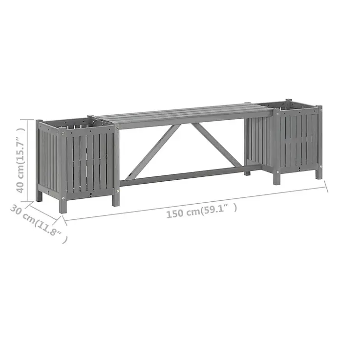 Furnicato Gartenbank Akazien-Massivholz - B x T x H: 150 x 30 x 40 cm, Grau - Graue Gartenbank aus Holz mit integrierten Pflanzkübeln, 150 cm lang, 40 cm hoch, 30 cm tief.