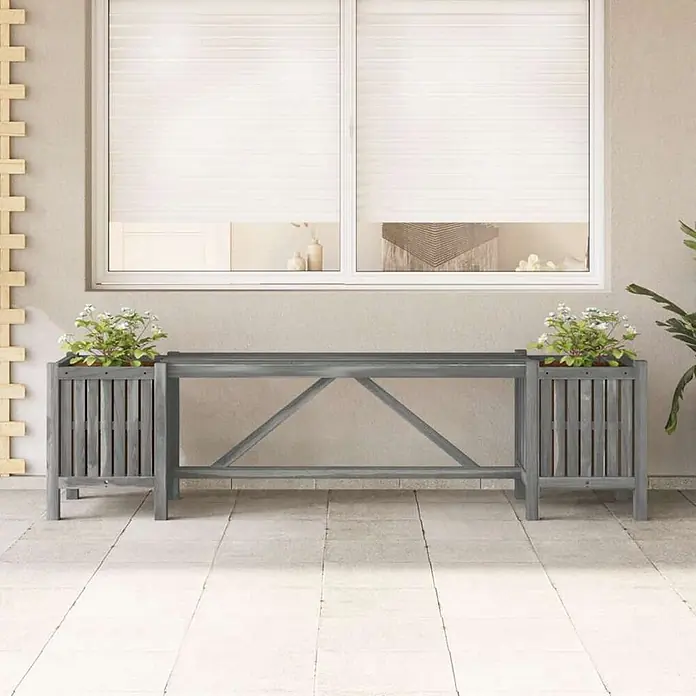 Furnicato Gartenbank Akazien-Massivholz - B x T x H: 150 x 30 x 40 cm, Grau - Graue Holz-Pflanzbank mit zwei Latten-Pflanzkästen und zentraler Sitzbank.