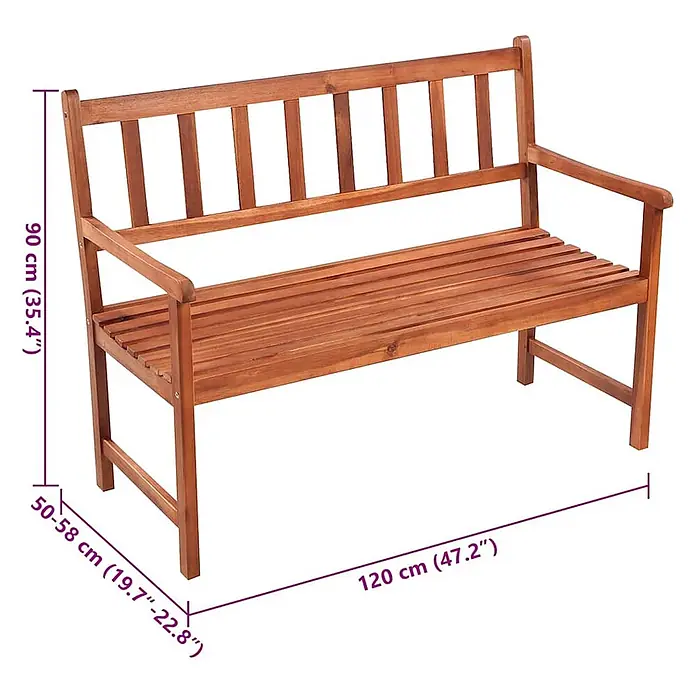 Furnicato Gartenbank Akazienholz geölt - B x T x H: 58 x 120 x 90 cm, Taupe - Hölzerne Gartenbank mit Lattenrostsitz und -lehne, Maße sind eingezeichnet.